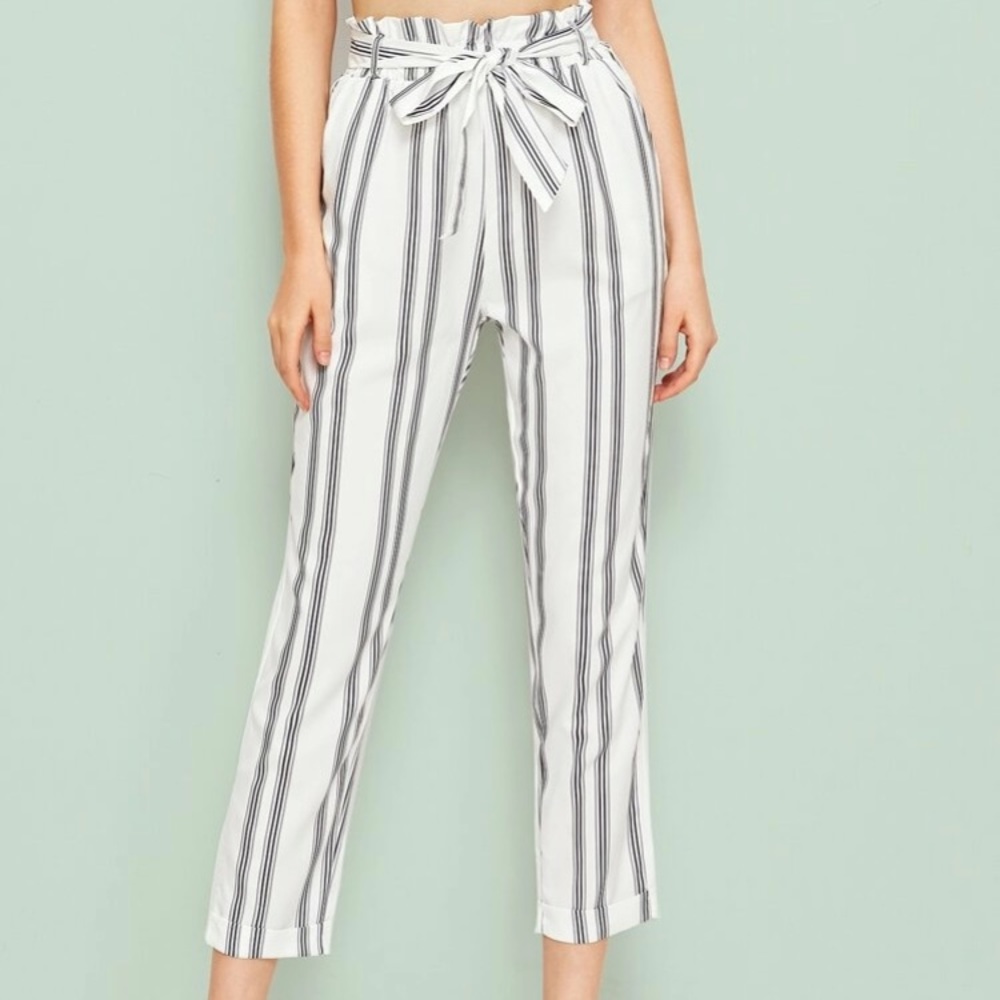 Vertical striped self tie paper bag pants